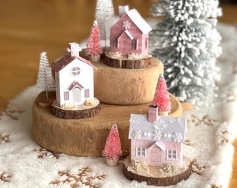 Pink Christmas Putz Houses: Paper Village on Wood Slice Base
