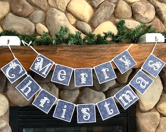 Merry Christmas banner in blue,white and silver