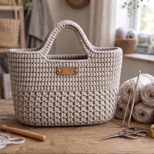 Puede incluir: Un bolso de ganchillo beige con dos asas integradas y una pequeña etiqueta rectangular de cuero marrón claro en el centro frontal. El bolso presenta un patrón de puntos texturizado en la mitad inferior y puntos lisos en la parte superior.