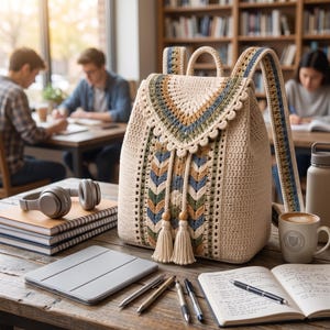 May include: A cream-colored crochet backpack featuring a decorative flap with scalloped edges, a chevron-patterned front panel in shades of green, blue, and tan, and two long tassels with wooden beads. The bag has adjustable shoulder straps.