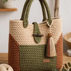 May include: A crochet tote bag featuring a colour-blocked design in beige, olive green, and brown. The bag has two olive green handles, a central toggle closure with a wooden bar, and a decorative tassel with a wooden bead. A small tag reads handmade.