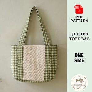 Patrón de costura en PDF para bolso de mano acolchado, bolso de hombro para principiantes con retazos de tela, tutorial para bolso de mercado DIY con base cuadrada.