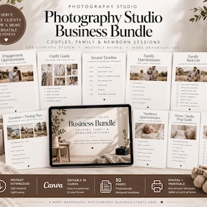 Pacote Empresarial para Estúdio de Fotografia | Modelo Canva de 50 Páginas | Planejador para Fotógrafos, Formulários para Clientes, Fluxo de Trabalho e Precificação