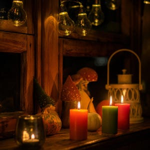 Puede incluir: Una colecci&oacute;n de tres velas cil&iacute;ndricas en naranja, verde y rojo, cada una con una llama encendida. El conjunto incluye peque&ntilde;as calabazas decorativas, adornos en forma de seta, un farol de metal blanco y luces de cadena con bombillas transparentes.