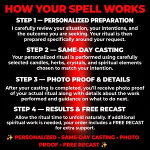 Pode incluir: Um gr&aacute;fico informativo preto com texto vermelho intitulado HOW YOUR SPELL WORKS. Descreve quatro passos: 1. Personalized Preparation, 2. Same-Day Casting, 3. Photo Proof & Details e 4. Results & Free Recast, com um rodap&eacute; listando estas caracter&iacute;sticas.