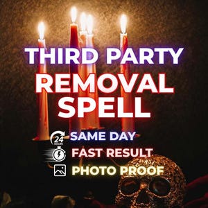 May include: Four lit white candles in a dark candelabra with a gold skull in the foreground. Text reads: THIRD PARTY REMOVAL SPELL, 24 HOURS SAME DAY, FAST RESULT, PHOTO PROOF. The scene is dimly lit with a dark background and warm candle flames.