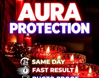 May include: A collection of red candles in faceted glass holders with glowing flames. Text overlays read AURA PROTECTION, 24 HOURS, SAME DAY, FAST RESULT, and PHOTO PROOF, accompanied by icons of a clock, a lightning bolt, and a mountain landscape.