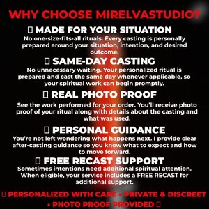 May include: A black informational graphic with red text titled WHY CHOOSE MIRELVASTUDIO? It lists service features including MADE FOR YOUR SITUATION, SAME-DAY CASTING, REAL PHOTO PROOF, PERSONAL GUIDANCE, and FREE RECAST SUPPORT with descriptions.