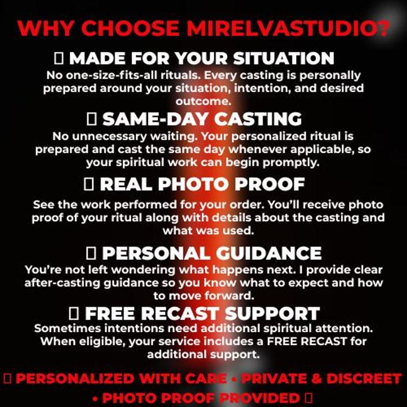 May include: A black informational graphic with red text titled WHY CHOOSE MIRELVASTUDIO? It lists service features including MADE FOR YOUR SITUATION, SAME-DAY CASTING, REAL PHOTO PROOF, PERSONAL GUIDANCE, and FREE RECAST SUPPORT with descriptions.