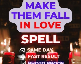 May include: A digital graphic featuring the text MAKE THEM FALL IN LOVE SPELL in purple and red. Below, icons and text read 24 HOURS SAME DAY, FAST RESULT, and PHOTO PROOF. The background displays four red candles with lit flames on black stands.