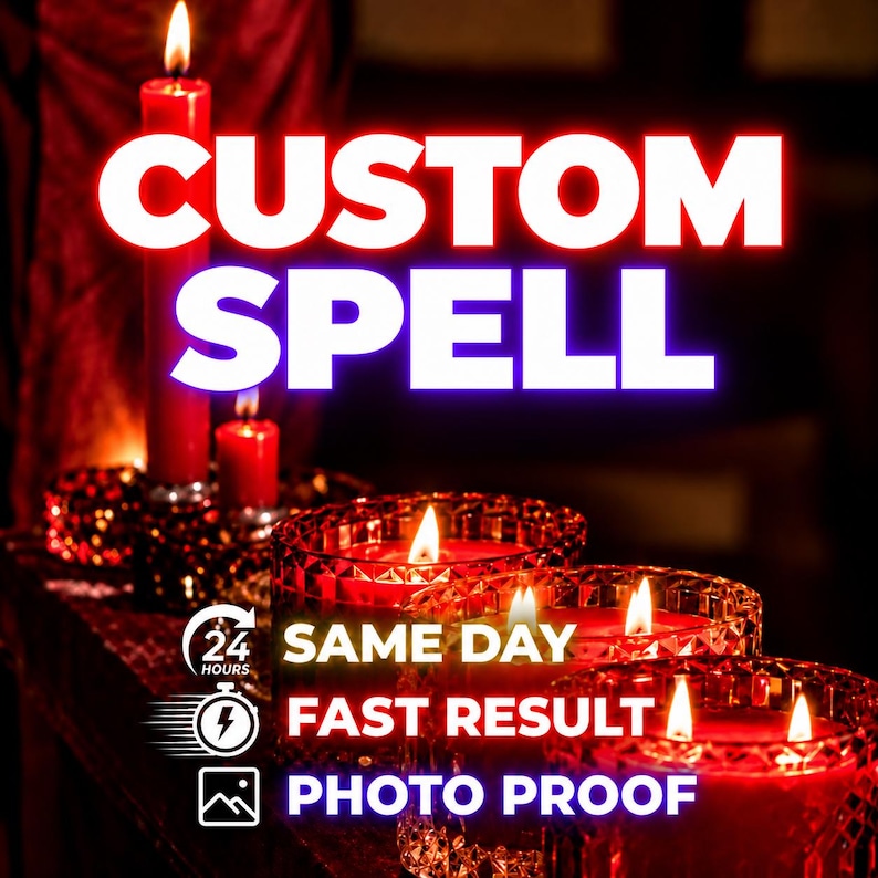 Pode incluir: Uma cole&ccedil;&atilde;o de velas vermelhas em suportes de vidro facetado com pavios acesos. O texto CUSTOM SPELL &eacute; exibido em branco, seguido por 24 HOURS, SAME DAY, FAST RESULT e PHOTO PROOF com &iacute;cones de rel&oacute;gio, raio e uma imagem.