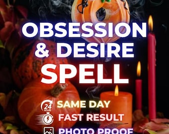 May include: An orange pumpkin-shaped donut with green icing and black drizzle, surrounded by orange pumpkins, red candles, and autumn leaves. Text reads: OBSESSION & DESIRE SPELL, 24 HOURS SAME DAY, FAST RESULT, PHOTO PROOF.