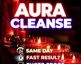 May include: A collection of red candles in faceted glass holders with flames lit. The text reads AURA CLEANSE, 24 HOURS, SAME DAY, FAST RESULT, and PHOTO PROOF. The candles are arranged in a row, casting a warm glow against a dark background.
