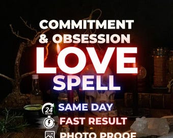 Puede incluir: Una escena oscura con una calavera, velas y un libro abierto con el texto COMMITMENT & OBSESSION LOVE SPELL, 24 HOURS SAME DAY, FAST RESULT y PHOTO PROOF en letras blancas y rojas sobre un fondo negro.