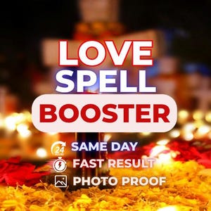 Pode incluir: Um design gráfico com o texto branco LOVE SPELL em contorno vermelho e o texto vermelho BOOSTER dentro de um retângulo arredondado rosa claro. Abaixo, ícones de 24 horas, velocidade e fotos com o texto SAME DAY, FAST RESULT, PHOTO PROOF.