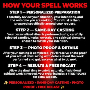 Op de afbeelding: Een zwarte informatieve afbeelding met rode tekst getiteld HOW YOUR SPELL WORKS. Het beschrijft vier stappen: Personalized Preparation, Same-Day Casting, Photo Proof & Details en Results & Free Recast, eindigend met een samenvattende regel.