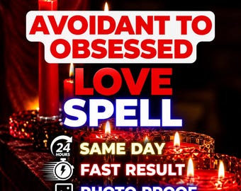May include: Several red candles in glass holders with lit flames. Text overlay reads: AVOIDANT TO OBSESSED LOVE SPELL, 24 HOURS, SAME DAY, FAST RESULT, PHOTO PROOF. The candles are arranged in a row, casting a warm glow against a dark background.