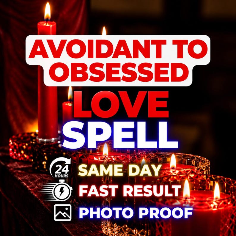 Puede incluir: Varias velas rojas en soportes de cristal con llamas encendidas. El texto dice: AVOIDANT TO OBSESSED LOVE SPELL, 24 HOURS, SAME DAY, FAST RESULT, PHOTO PROOF. Las velas est&aacute;n dispuestas en fila, proyectando un brillo c&aacute;lido.