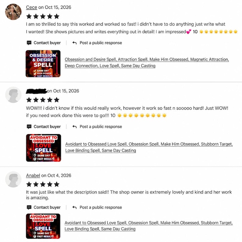 Op de afbeelding: Een digitaal beoordelingsgedeelte met drie klantbeoordelingen met vijf sterren. Elk item toont een productminiatuur met tekst zoals Obsession and Desire Spell of Avoidant to Obsessed Love Spell, samen met gebruikersnamen en datums.