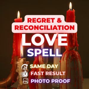 Puede incluir: Varias velas encendidas con cera roja goteando por los lados. El texto dice REGRET & RECONCILIATION LOVE SPELL, 24 HOURS, SAME DAY, FAST RESULT y PHOTO PROOF. Las velas están colocadas en grupo con llamas visibles en la parte superior.