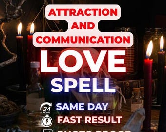 Puede incluir: Una colección de objetos rituales que incluye velas rojas y negras, botellas de vidrio y una calavera, con el texto: ATTRACTION AND COMMUNICATION LOVE SPELL, 24 HOURS, SAME DAY, FAST RESULT, PHOTO PROOF, y un icono de rayo.