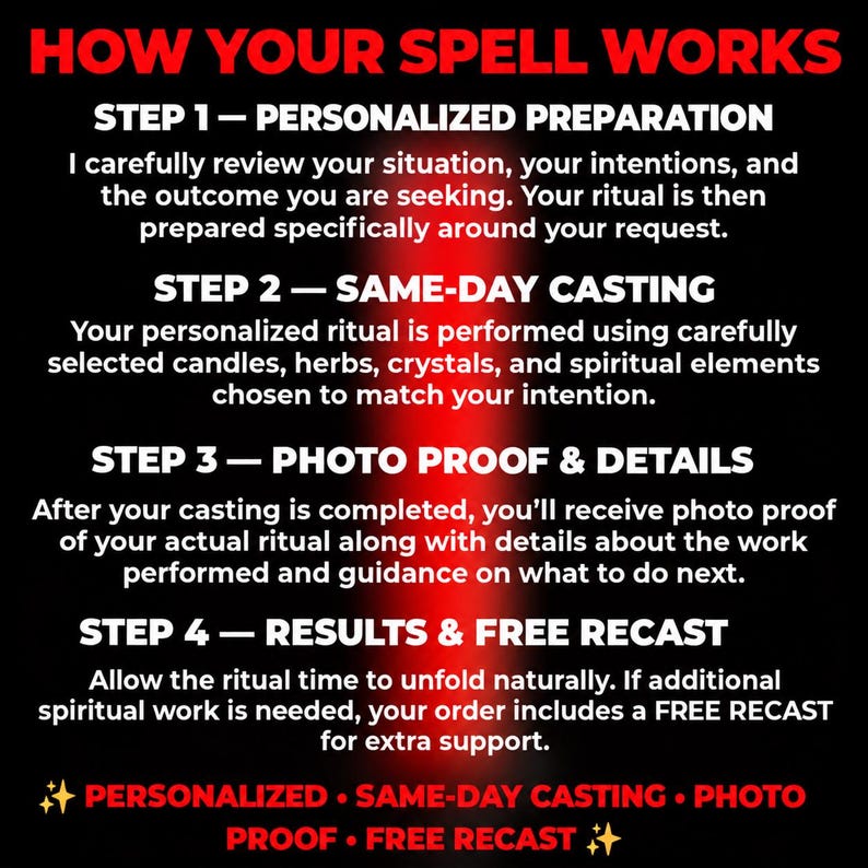Puede incluir: Un gr&aacute;fico informativo negro con texto rojo titulado HOW YOUR SPELL WORKS. Describe cuatro pasos: 1. Personalized Preparation, 2. Same-Day Casting, 3. Photo Proof & Details y 4. Results & Free Recast, con un pie de p&aacute;gina que enumera estas caracter&iacute;sticas.