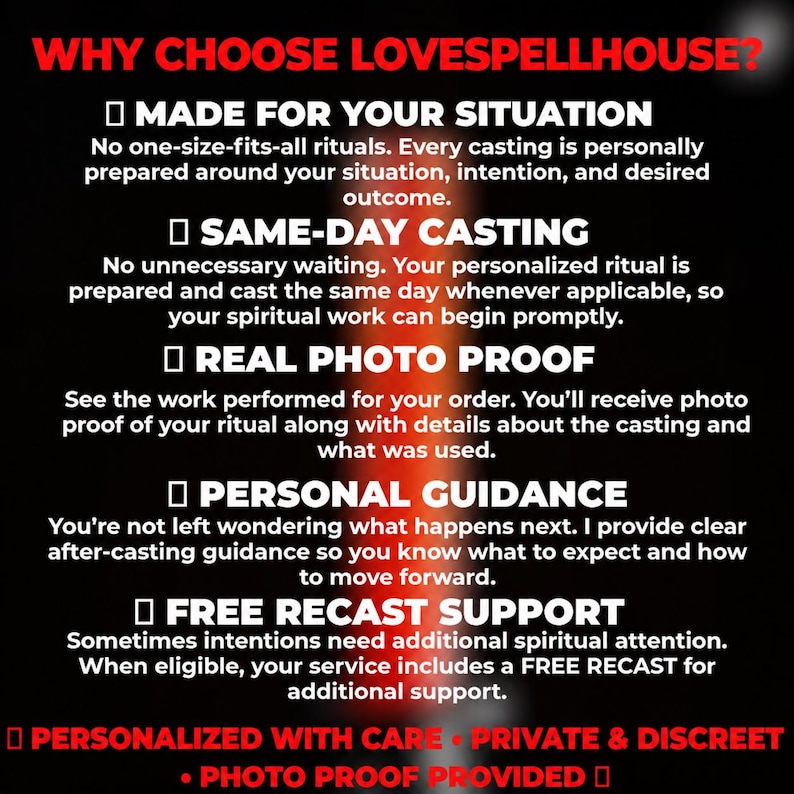 Pode incluir: Um gr&aacute;fico informativo preto com texto em vermelho e branco intitulado WHY CHOOSE LOVESPELLHOUSE? Lista cinco caracter&iacute;sticas de servi&ccedil;o: MADE FOR YOUR SITUATION, SAME-DAY CASTING, REAL PHOTO PROOF, PERSONAL GUIDANCE e FREE RECAST SUPPORT.