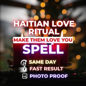 Peut inclure: Quatre bougies piliers rouges avec des mèches allumées. Le texte indique : HAITIAN LOVE RITUAL, MAKE THEM LOVE YOU, SPELL, 24 HOURS SAME DAY, FAST RESULT, PHOTO PROOF. Les bougies sont alignées sur un fond sombre avec des lumières bokeh dorées.