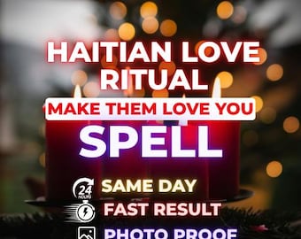 May include: Four red pillar candles with lit wicks. Text reads: HAITIAN LOVE RITUAL, MAKE THEM LOVE YOU, SPELL, 24 HOURS SAME DAY, FAST RESULT, PHOTO PROOF. The candles are arranged in a row against a dark background with blurred golden bokeh lights.