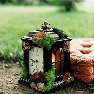 May include: A black lantern-style clock featuring a white face with Roman numerals and the Bulova brand name. The exterior frame is decorated with patches of green and brown preserved moss. The side panel shows a warm, glowing light inside.