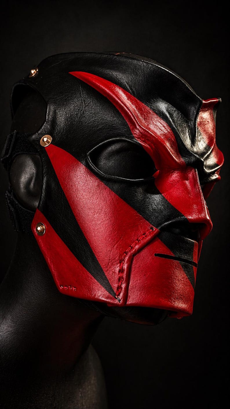 May include: A black and red leather mask with a striking design. The mask features a black base with bold red accents, including angular shapes and a prominent facial design. Gold-coloured rivets secure the straps.