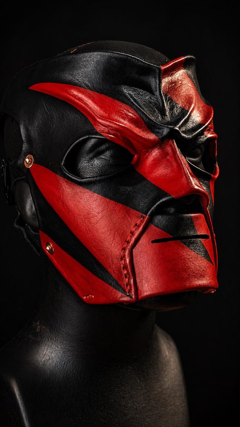 May include: A black and red leather mask with a striking design. The mask has a black base with bold red stripes and accents, including a prominent nose and eye openings. The mask is likely for cosplay or costume use.