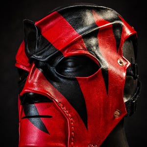 May include: A black and red leather mask with a striking design. The mask has eye and mouth openings, and is secured with straps and rivets. The mask is displayed on a black mannequin head. The mask's design features bold, angular patterns.