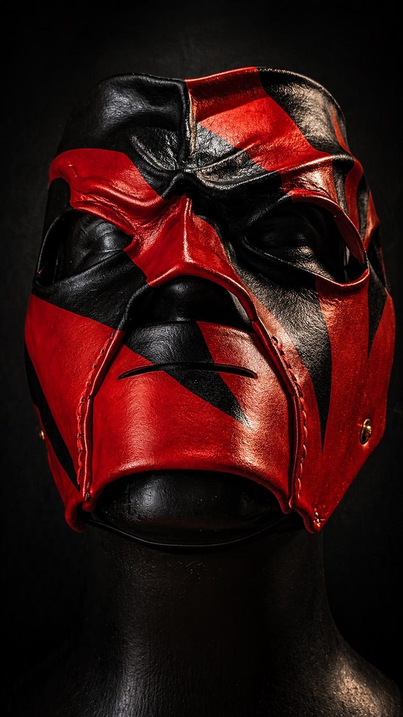 May include: A red and black mask with a striking design. The mask is crafted from red and black leather, with a stitched seam and eye openings. The mask is designed for wear and is likely for costume or cosplay purposes.