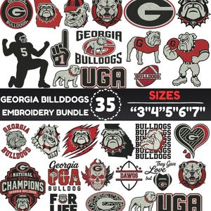Könnte beinhalten: Ein digitales Stickmuster-Paket mit Georgia Bulldogs Logos, Maskottchen und Schriftzügen. Die Sammlung enthält verschiedene Bulldoggen-Illustrationen, den Buchstaben G, Football-Motive sowie den Text GEORGIA BULLDOGS, UGA und SIZES 3" 4" 5" 6" 7".