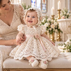 May include: An off-white crochet dress with short puff sleeves, a scalloped hem, and a matching bonnet. The dress features a satin ribbon waistband adorned with a small fabric rose. The outfit includes coordinating crochet booties with rose accents.