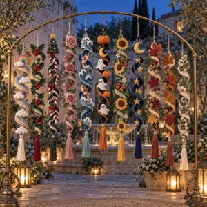 Può includere: Una collezione di dieci ornamenti a spirale realizzati all'uncinetto, appesi verticalmente a un arco in metallo dorato. Ogni pezzo presenta temi unici tra cui un arcobaleno, agrifoglio, bastoncini di zucchero, rose, pesci koi, fantasmi, girasoli, stelle, foglie autunnali e vegetazione.