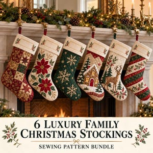 Christmas Stocking Sewing Pattern Bundle, 6 Quilted Family Stocking, 4 Size, Beginner PDF