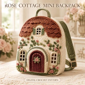 May include: A crochet mini backpack shaped like a cottage with a cream body, dark red roof, and a maroon door. The bag features green embroidered vines with pink roses, two windows, and green straps. Text reads: ROSE COTTAGE MINI BACKPACK DIGITAL CROCHET PATTERN.