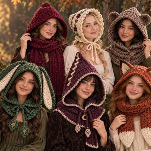 May include: A collection of six crochet hooded scarves featuring various designs including a deep red scarf, a cream bonnet with floral embroidery, a brown bear-eared hood, a green rabbit-eared hood, a purple pointed hood, and a fox-themed scarf.
