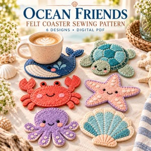 Felt Coaster Sewing Pattern Bundle, 6 Ocean Animals, Printable PDF Templates