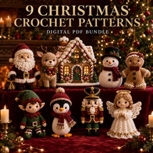 Può includere: Un pacchetto digitale in PDF di 9 schemi per uncinetto natalizi con figure amigurumi: Babbo Natale, una renna, una casa di pan di zenzero, un pupazzo di neve, un omino di pan di zenzero, un elfo, un pinguino, uno schiaccianoci e un angelo.