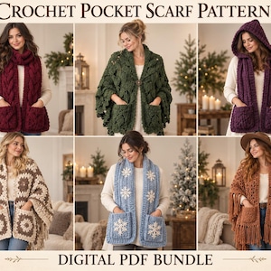 May include: A digital PDF bundle featuring 6 crochet pocket scarf patterns. The image displays six variations of scarves and wraps with pockets, including cable knit, hooded, snowflake, granny square, and fringed designs in various colors.