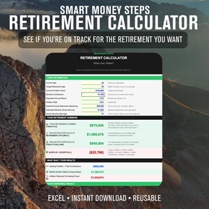 May include: A digital retirement calculator spreadsheet interface titled SMART MONEY STEPS RETIREMENT CALCULATOR. The display features input fields for age, portfolio value, and contributions, alongside calculated financial projections in green and red text.