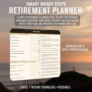 Pode incluir: Uma planilha digital de planejamento de aposentadoria intitulada Smart Money Steps Retirement Planner. A interface exibe seções para My Inputs, Core Inputs e Advanced Inputs, incluindo campos para idade, economias e previdência social.