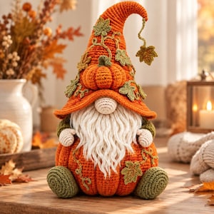 May include: A crochet gnome figurine featuring a tall orange pointed hat adorned with green leaves and a small pumpkin. The gnome has a long white yarn beard, a round nose, and a body shaped like a large orange pumpkin with green feet.