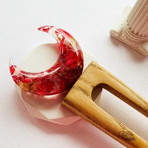 Red Hydrangea Hair Fork: Wooden Crescent Moon Bun Holder
