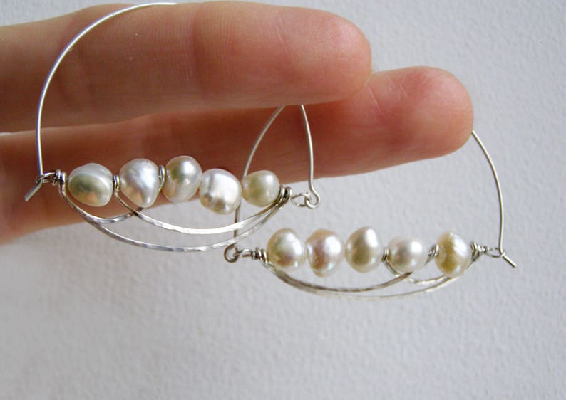 Hammered Hoops Earrings with natural Pearls  Sterling Silver  Wedding Earrings  Bohemian earrings  Boho Style