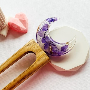 Purple Hydrangea Hair Fork: Wooden Crescent Moon Bun Holder