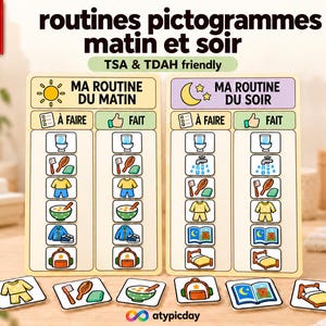 Peut inclure: Un tableau de routine plastifié avec des pictogrammes pour le matin et le soir. Le texte indique 'routines pictogrammes matin et soir', 'MA ROUTINE DU MATIN', 'MA ROUTINE DU SOIR', 'À FAIRE' et 'FAIT'. Inclut des vignettes détachables.